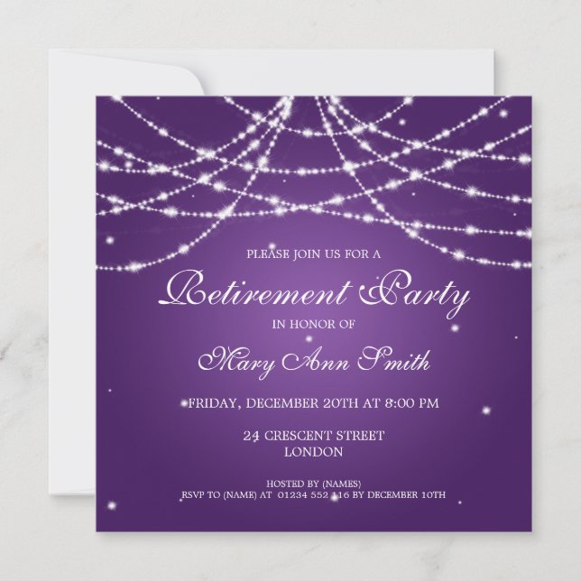 Elegant Retirement Party String of Stars Purple Invitation (Front)