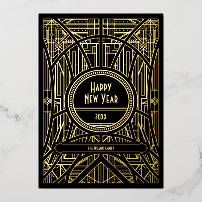 Elegant retro art deco New Year Foil Holiday Card (Front)