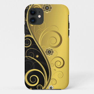 Elegant Retro Black and Gold Floral Swirl iPhone 11 Case