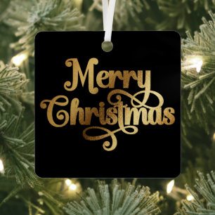Elegant Retro Black and Gold Merry Christmas Photo Metal Ornament