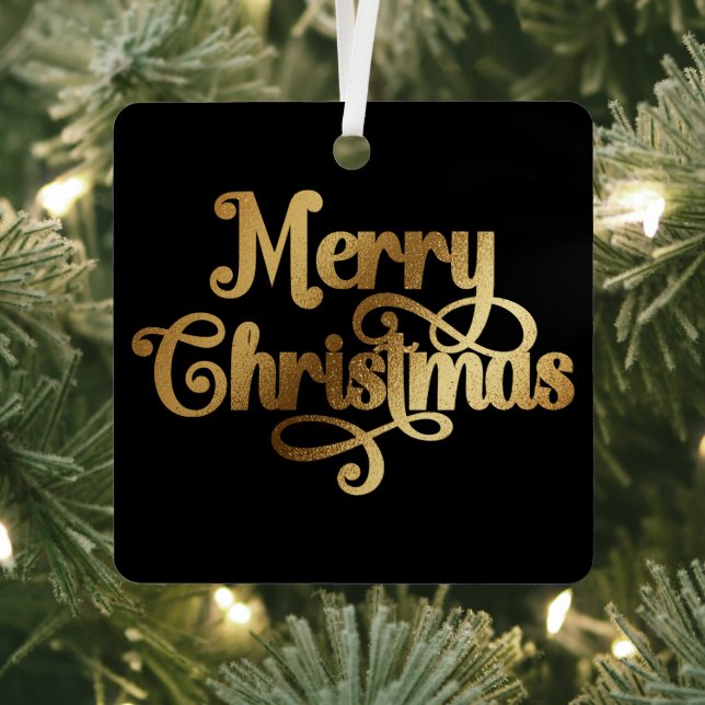 Elegant Retro Black and Gold Merry Christmas Photo Metal Ornament (Insitu)