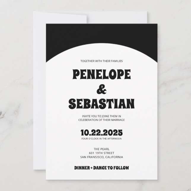 Elegant Retro Black & White Groovy Trendy Wedding Invitation (Front)