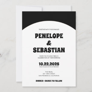 Elegant Retro Black & White Groovy Trendy Wedding Invitation
