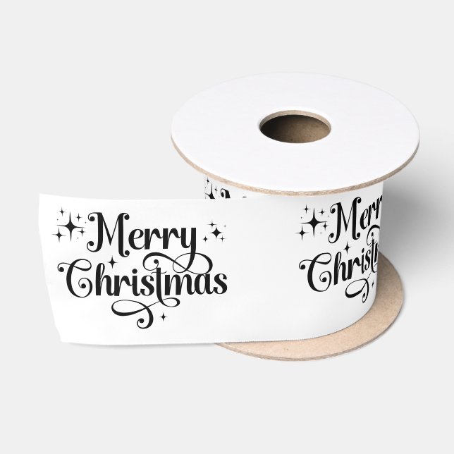 Elegant Retro Black White Merry Christmas Wrapping Satin Ribbon (Spool)