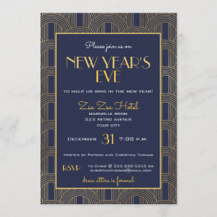 Elegant Retro Blue Gold Deco New Years Eve Party Invitation