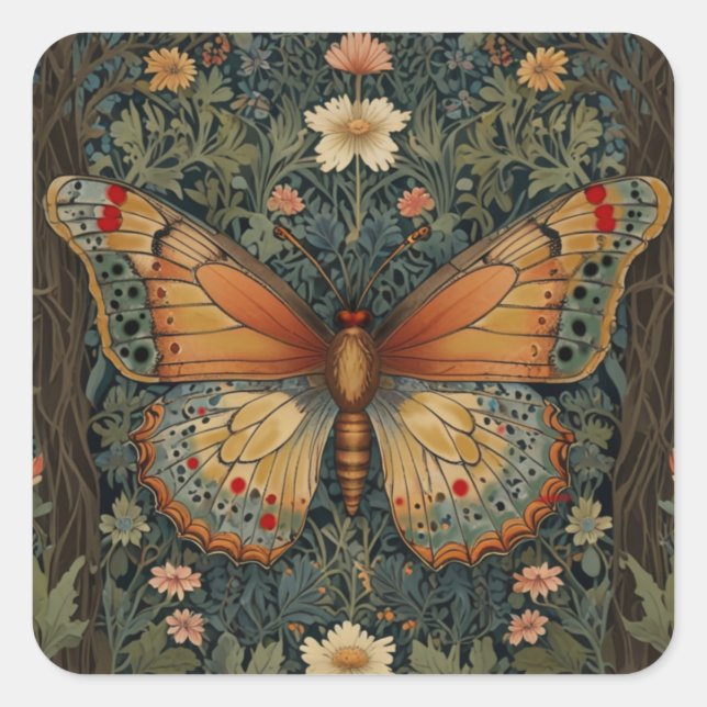 Elegant retro boho butterfly botanical greenery square sticker (Front)