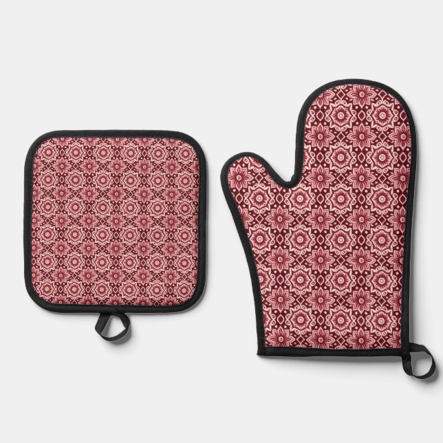 Elegant Retro Boho Floral Pattern  Oven Mitt & Pot Holder Set (Front)