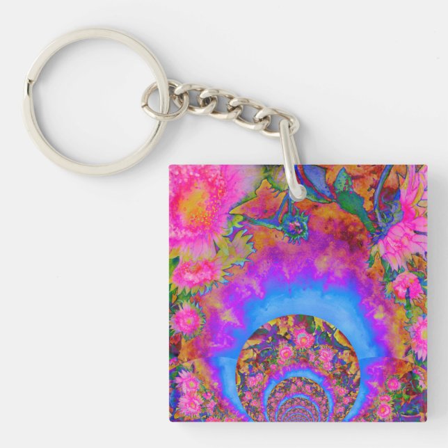 Elegant retro boho pink watercolor sunflowers keychain (Front)