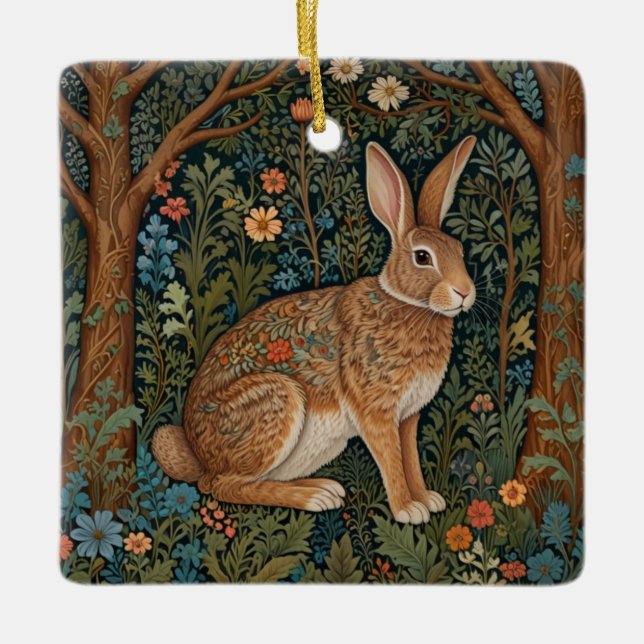 Elegant retro boho rabbit woodland floral ceramic ornament (Front)