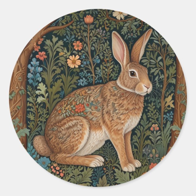 Elegant retro boho rabbit woodland floral classic round sticker (Front)