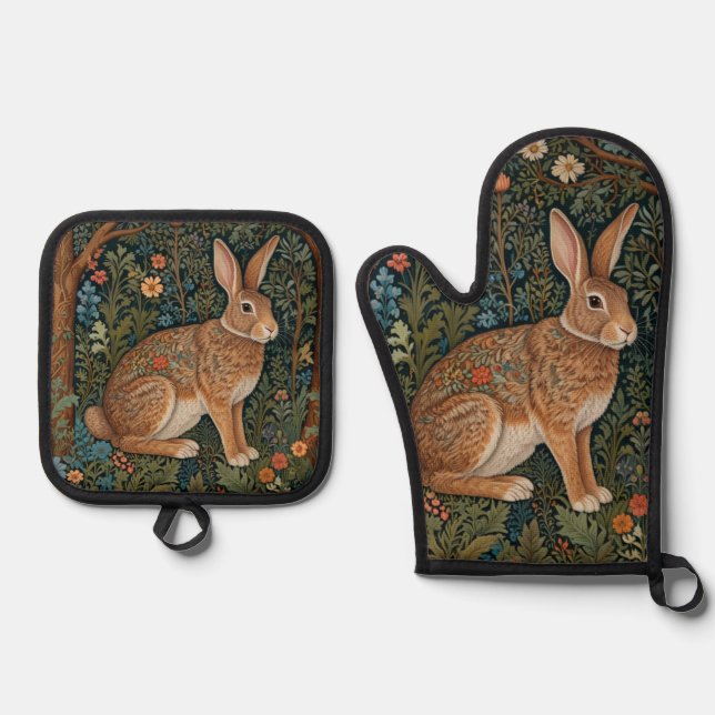 Elegant retro boho rabbit woodland floral oven mitt & pot holder set (Front)