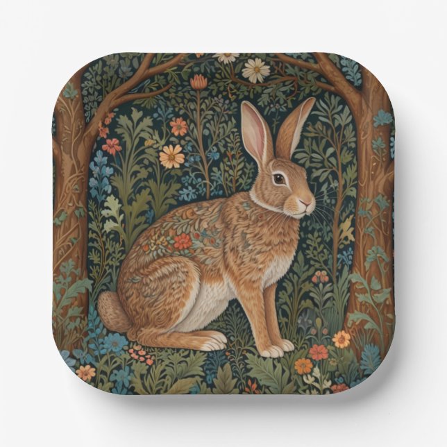 Elegant retro boho rabbit woodland floral paper plate (Front)