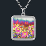 Elegant retro boho watercolor sunflower fields silver plated necklace<br><div class="desc">Elegant retro boho watercolor sunflower fields</div>