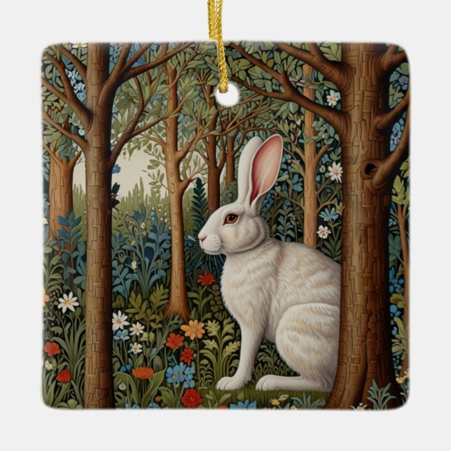 Elegant retro boho white rabbit woodland floral ceramic ornament (Front)