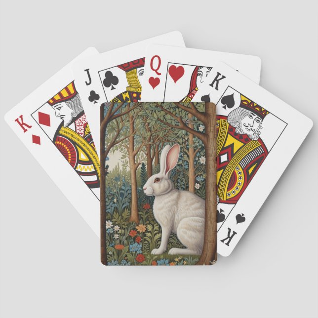Elegant retro boho white rabbit woodland floral playing cards (Back)