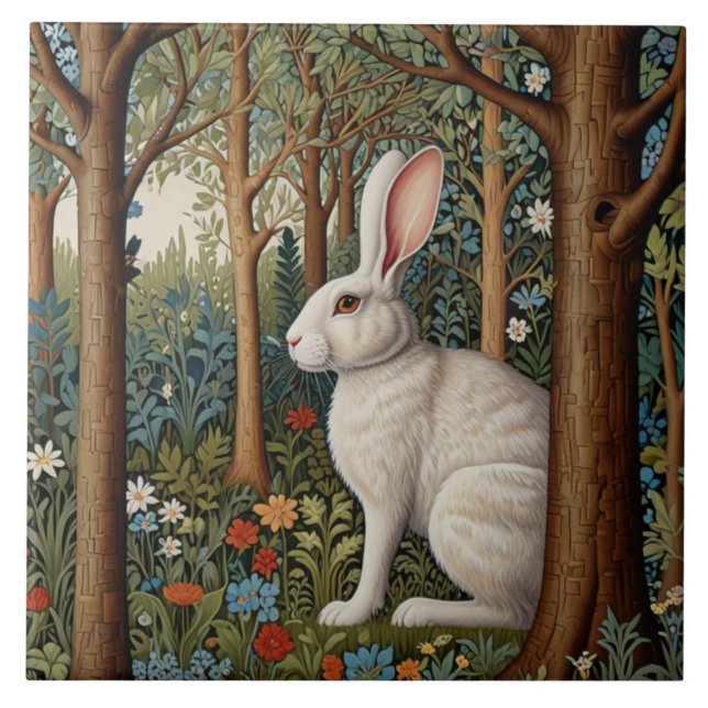 Elegant retro boho White rabbit woodland floral Tile (Front)
