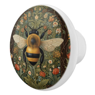 Elegant retro bumblebee boho botanical floral art ceramic knob