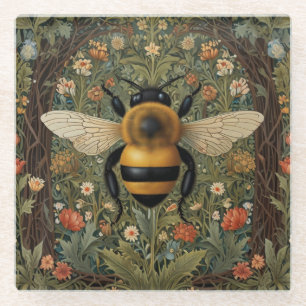 Elegant retro bumblebee boho botanical floral art glass coaster
