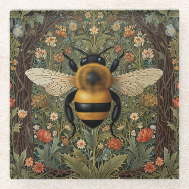 Elegant retro bumblebee boho botanical floral art glass coaster (Front)