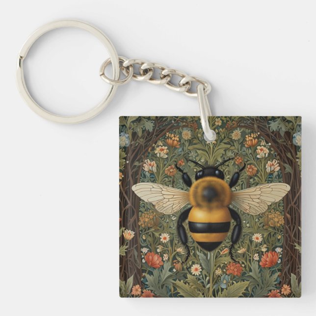 Elegant retro bumblebee boho botanical floral art keychain (Front)