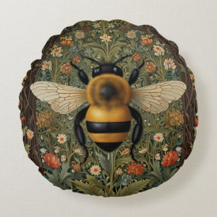 Elegant retro bumblebee boho botanical floral art round pillow
