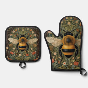 Elegant retro bumblebee boho botanical floral  oven mitt & pot holder set