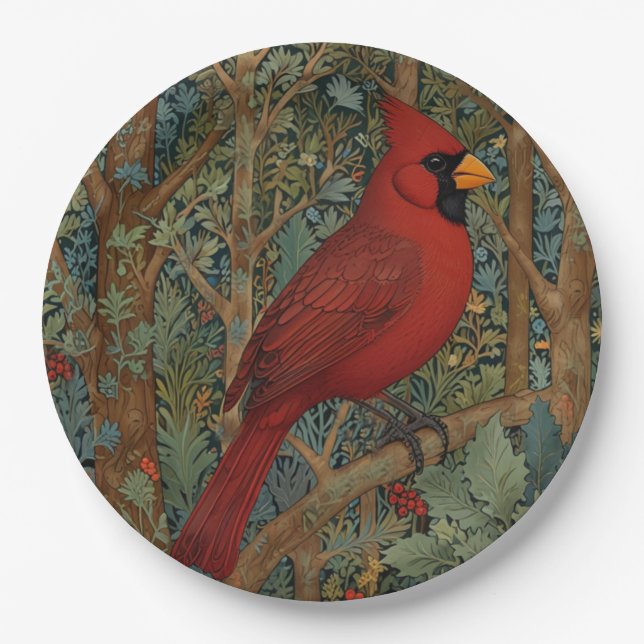 Elegant Retro Cardinal Art Nouveau red bird  Paper Plate (Front)