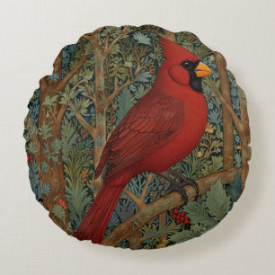 Elegant Retro Cardinal Art Nouveau red bird  Round Pillow