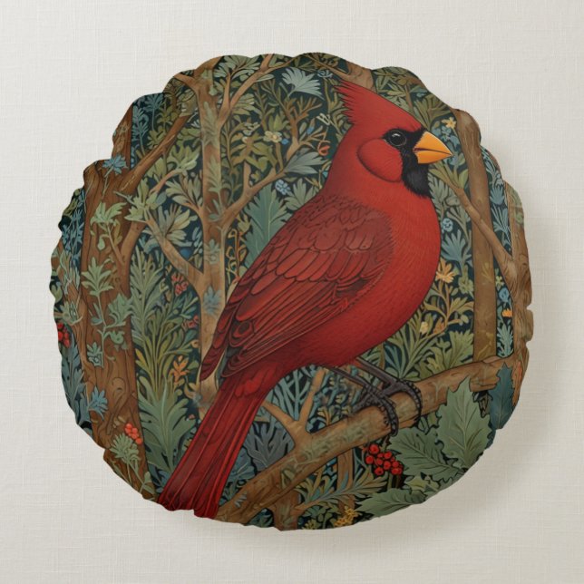 Elegant Retro Cardinal Art Nouveau red bird  Round Pillow (Front)