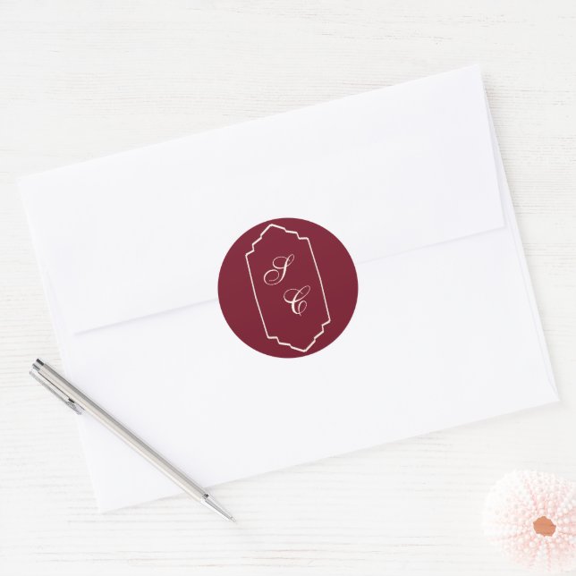 Elegant Retro Checkered Burgundy Wedding Classic Round Sticker (Envelope)
