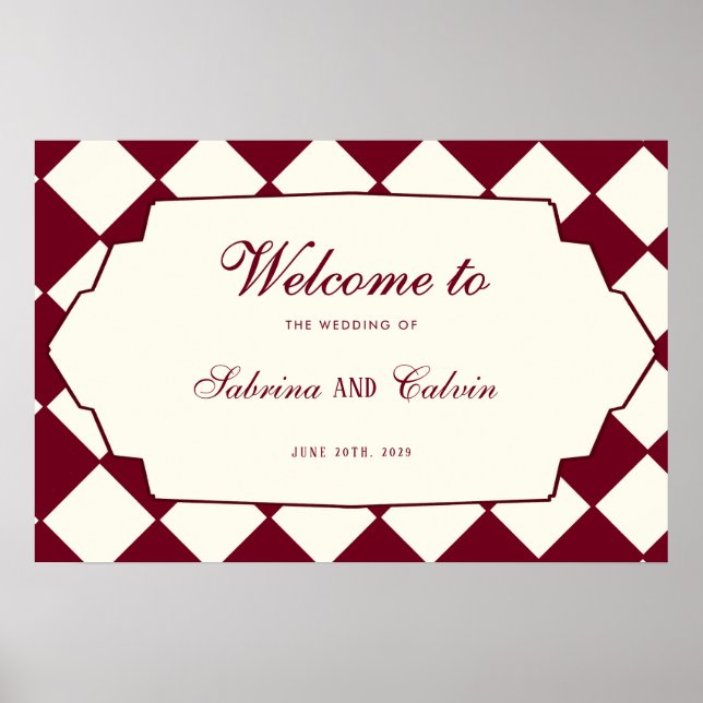 Elegant Retro Checkered Burgundy Wedding Welcome Poster (Front)