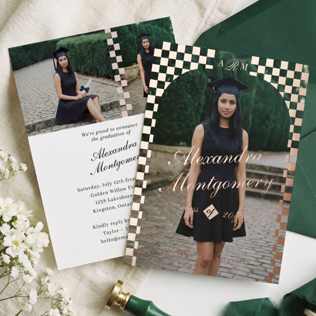 Elegant Retro Chequered Arch Grad Photo Graduation (Elegant Retro Checkered Arch Grad Photo Graduation Announcement)