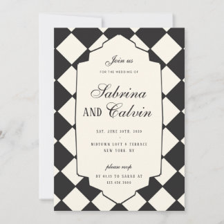 Elegant Retro Chequered Black And Cream Wedding Invitation