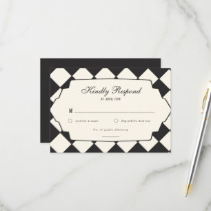 Elegant Retro Chequered Black And Cream Wedding RSVP Card