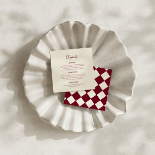 Elegant Retro Chequered Burgundy Wedding Details Enclosure Card
