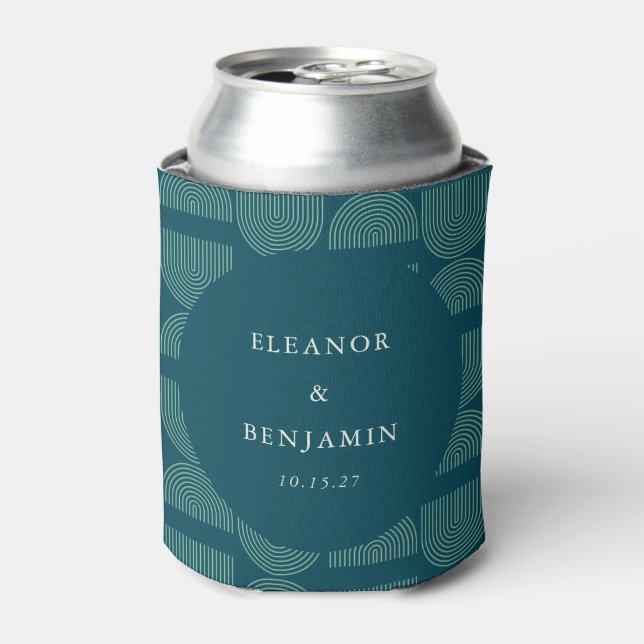 Elegant Retro Chic Arch Teal Blue Custom Wedding Can Cooler (Can Front)
