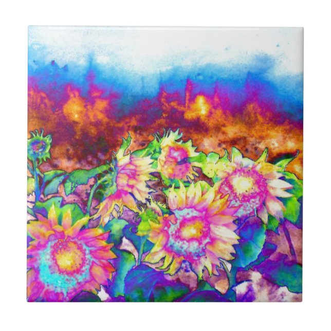 Elegant retro colourful abstract Sunflower fields Tile (Front)