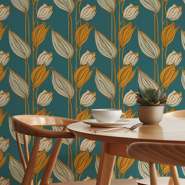 Elegant Retro Floral Wallpaper in Teal and Mustard (Creator Uploaded)