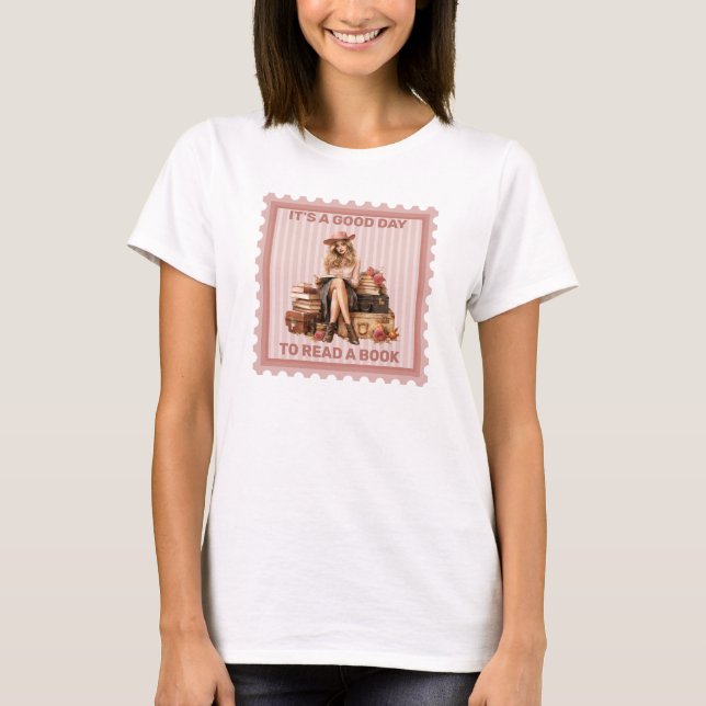 Elegant retro girl dusty pink roses reading a book T-Shirt (Front)