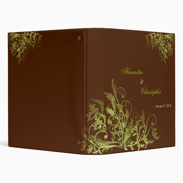Elegant Retro Green Flower Swirls Brown Album Binder (Background)