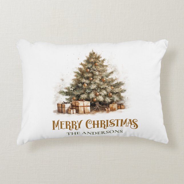 Elegant retro greenery and gold Christmas tree, Accent Pillow (Front)