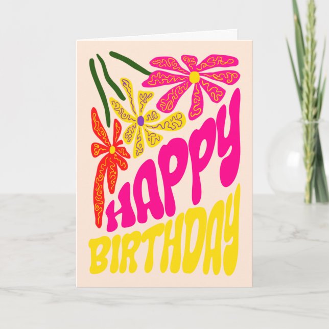 Elegant Retro Groovy Hippie Flower Birthday Card (Front)