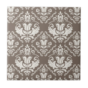Elegant Retro Ivory Damask Brocade Brown Pattern Tile