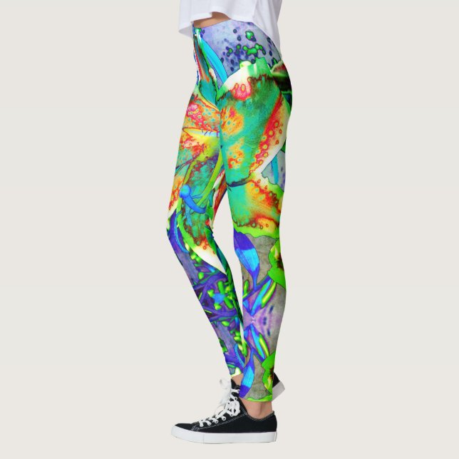 Elegant Retro kiwi lily abstract tropical flowers Leggings (Left)