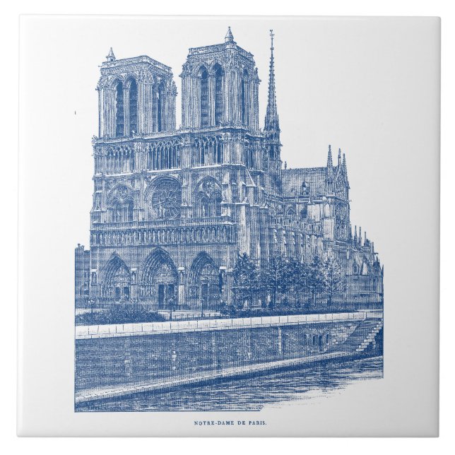 Elegant retro Notre Dame de Paris Indigo Blue Tile (Front)