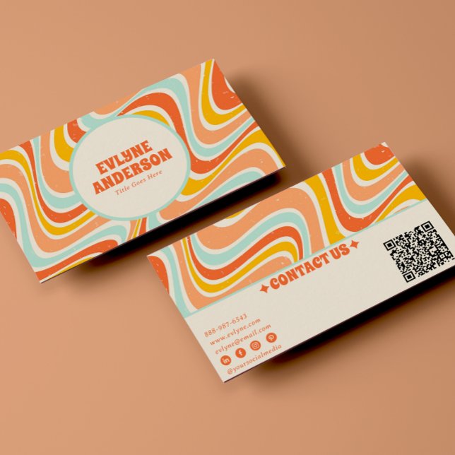Elegant Retro Orange Blue QR Code Boho Chic Groovy Business Card (Creator Uploaded)