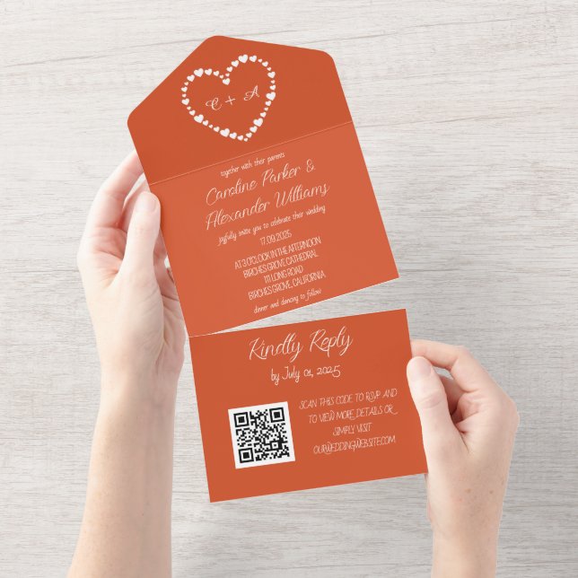 Elegant Retro Orange Modern Unique RSVP QR Code All In One Invitation (Tearaway)