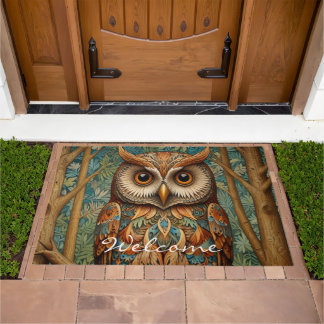 Elegant retro owl boho art deco forest greenery doormat