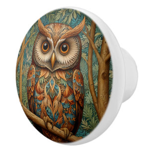 Elegant retro owl boho bohemian forest greenery ceramic knob