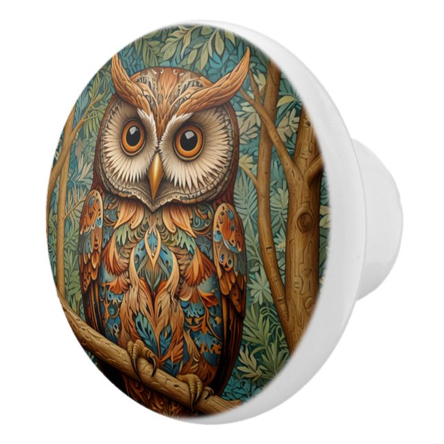 Elegant retro owl boho bohemian forest greenery  ceramic knob (Right)